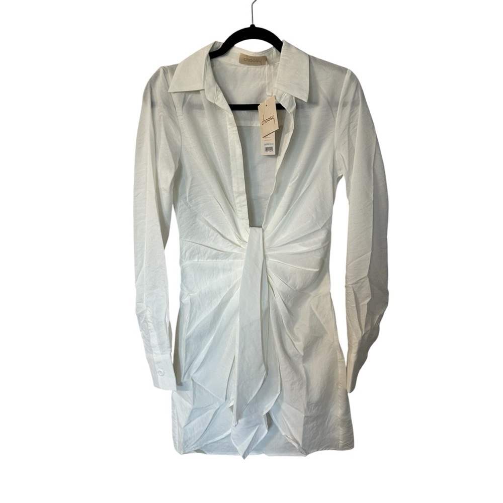 Choosy Crosby St Dress White Long Sleeve Collared Twisted Drape Front Sz 2 NWT
